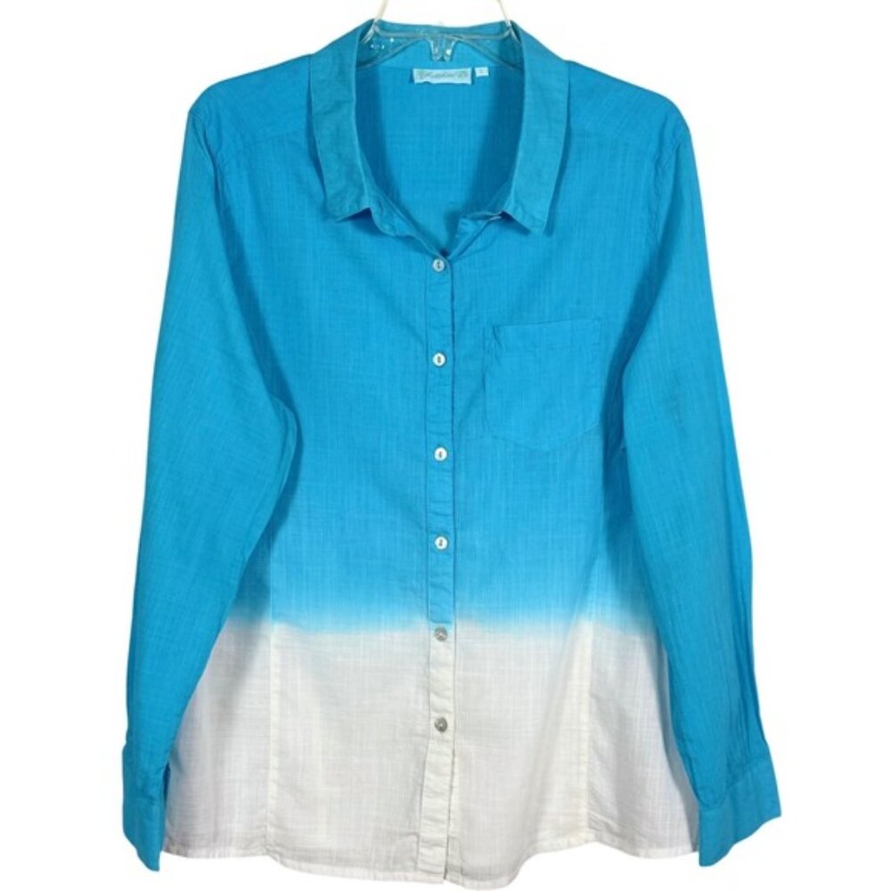 Lulu B Ombre Button Down Shirt Large Long Sleeve Cotton Turquoise White Beachy